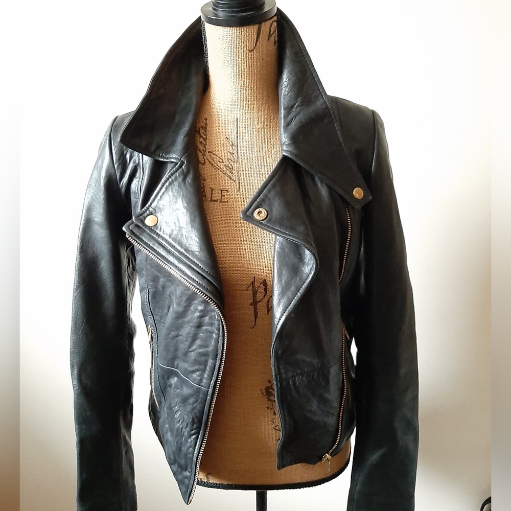 Danier Black Leather Moto Jacket with Gold Hardware